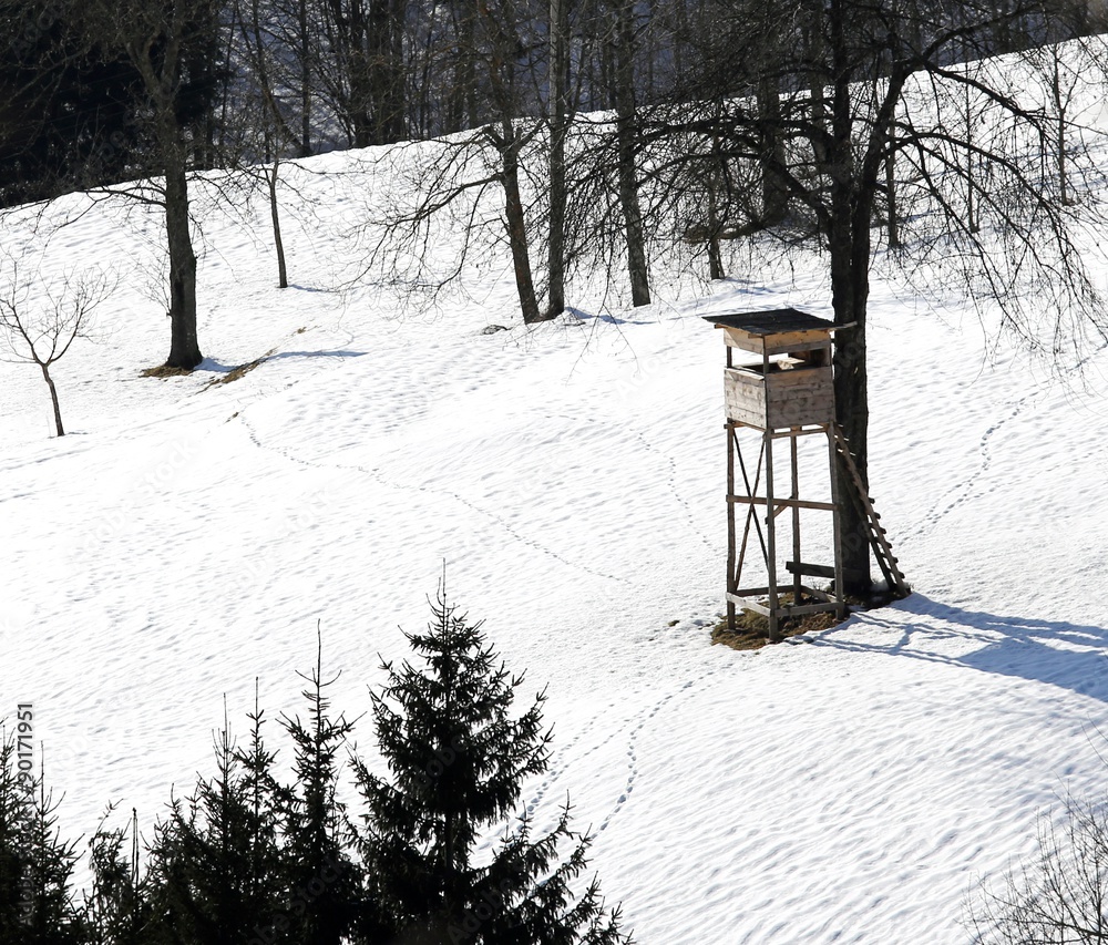hut of Hunter in the mountains with snow hut of Hunter in the mountains with snow
