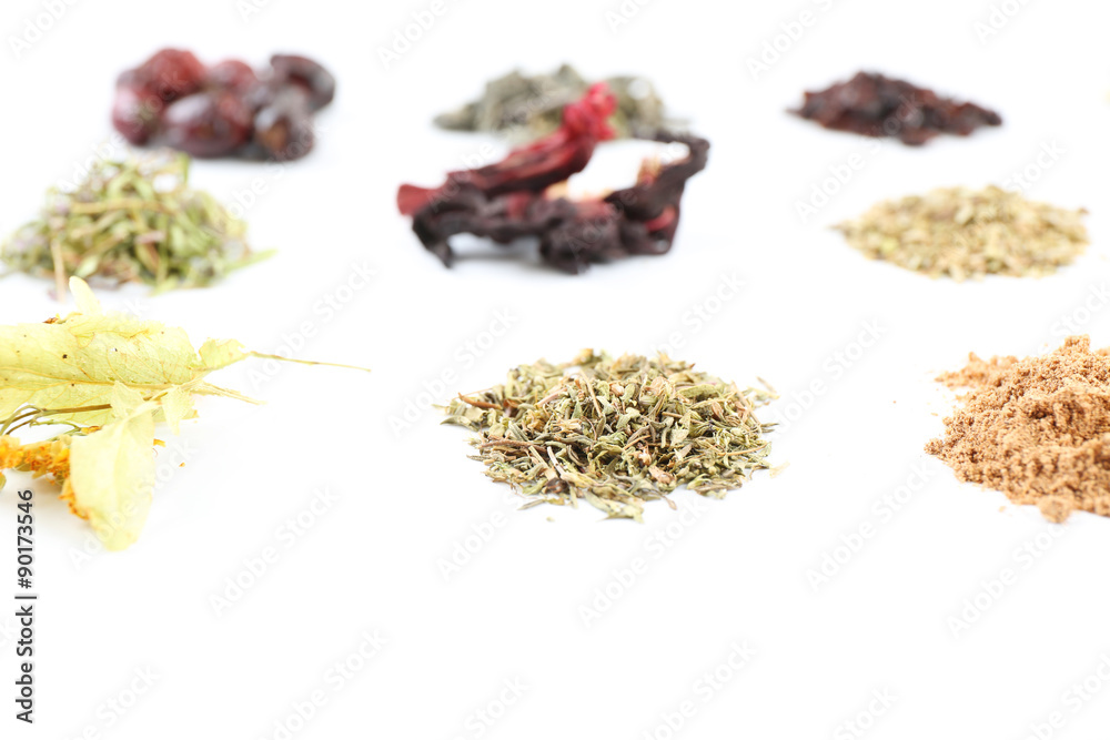 Various kinds of herbal tea and herbs isolated on white Various kinds of herbal tea and herbs isolated on white