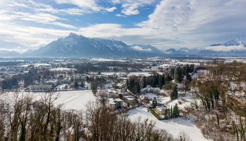 View from Hohensalzburg Castle towards the Austrian side of the Untersberg in the winter, Salzburg, Austria