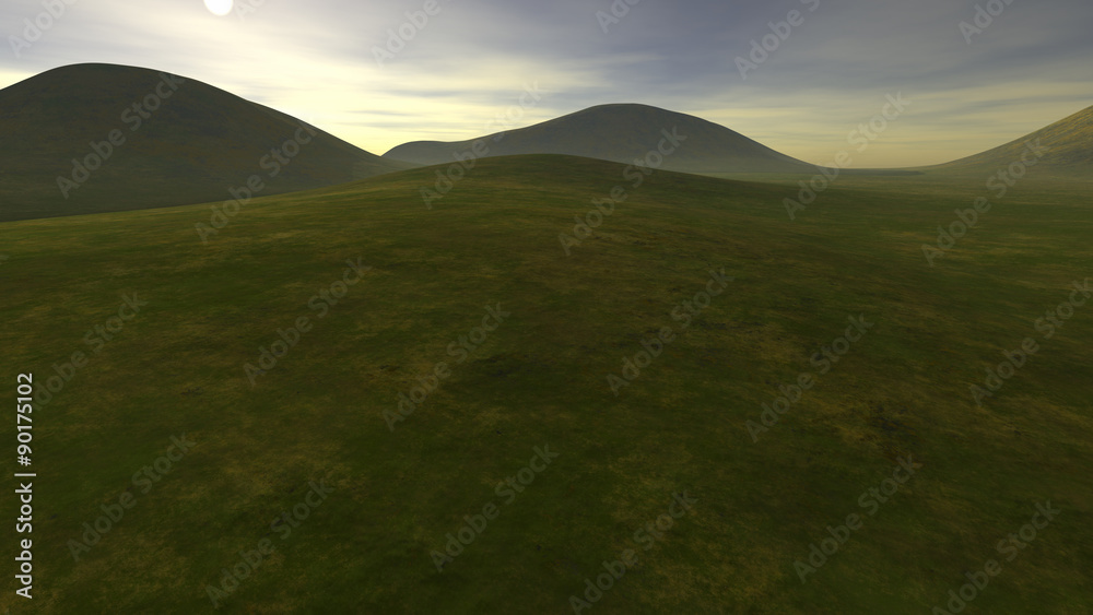 small hilly area with low greenness at sunset