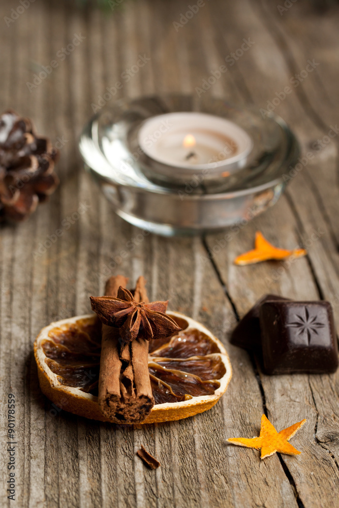 Fototapeta premium cinnamon, anise, orange and chocolate