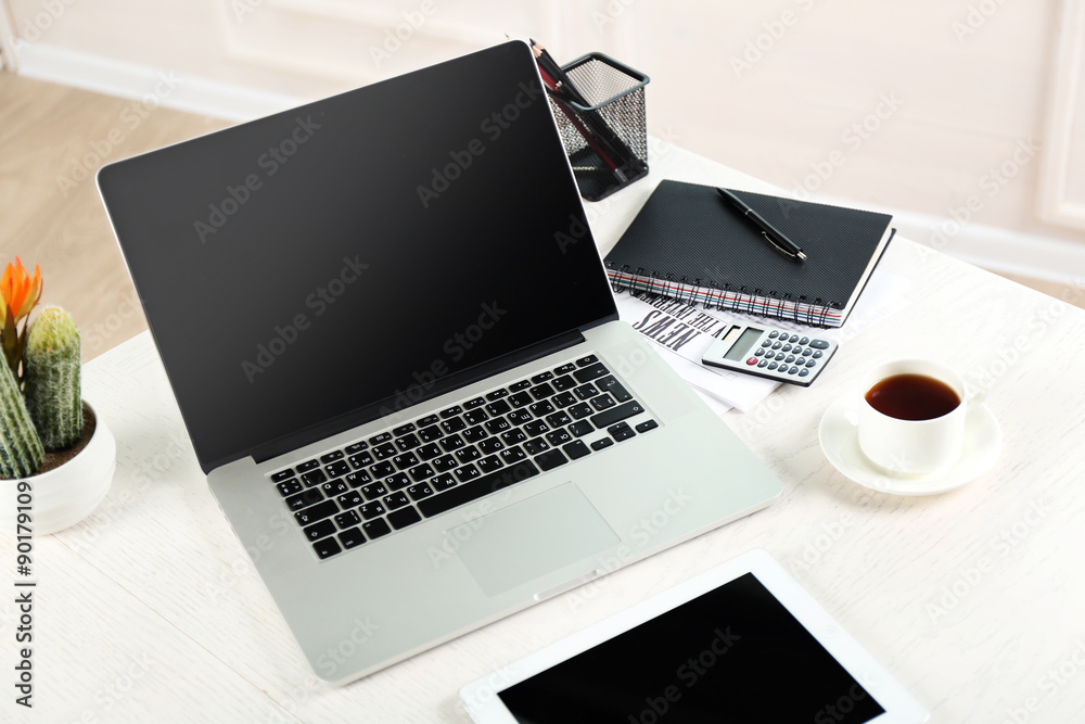 Modern workplace with laptop, close up Modern workplace with laptop, close up