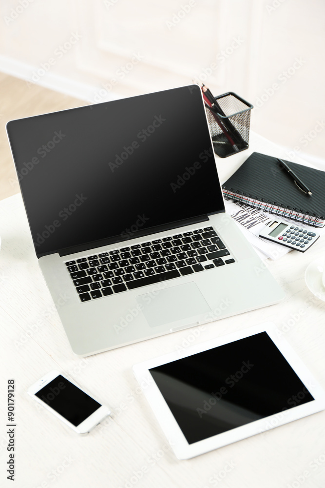 Modern workplace with laptop, close up Modern workplace with laptop, close up