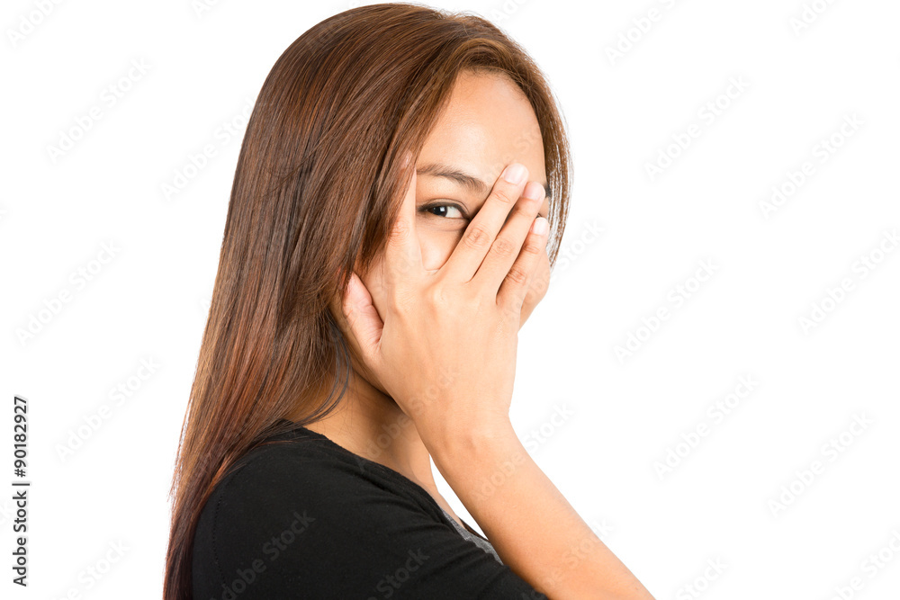 Portrait Asian Woman Peeking Out Through Fingers Portrait Asian Woman Peeking Out Through Fingers
