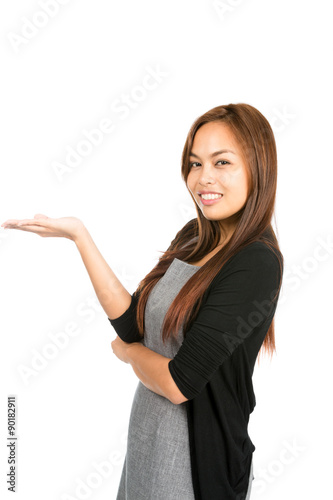 Hand Flat Asian Woman Displaying Looking At Half