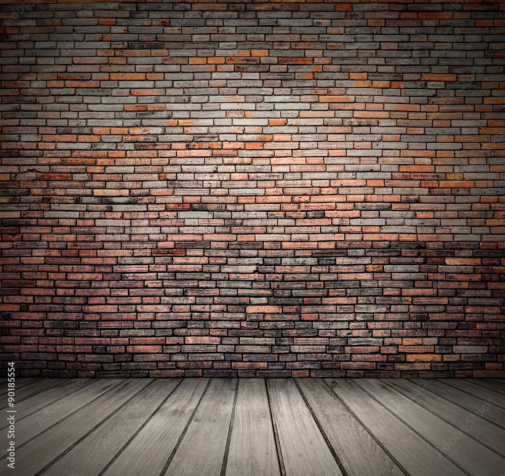 Blank vintage room with wood floor and brick grunge wall background