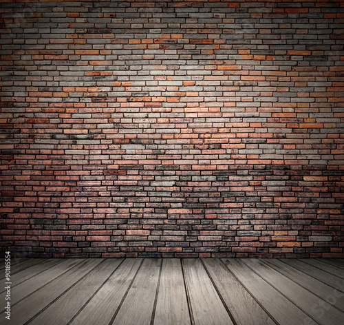 Blank vintage room with wood floor and brick grunge wall background