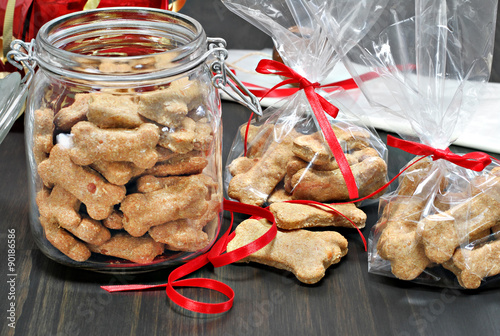 Packaging dog biscuits for Christmas.