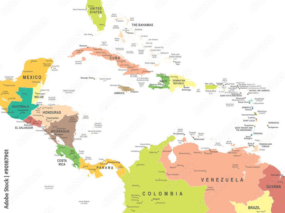 Naklejka Ameryka Środkowa mapa - bardzo szczegółowe ilustracji wektorowych.