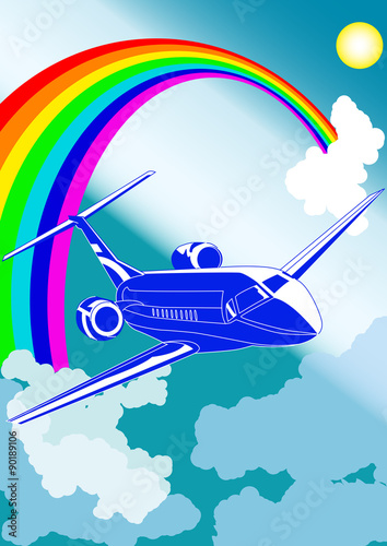 Fototapeta Naklejka Na Ścianę i Meble -  Private jet plane, with cloudy sky and rainbow on background, vector illustration