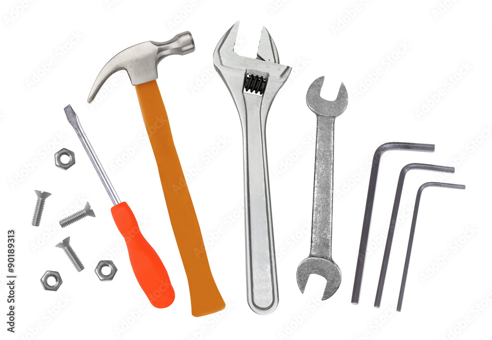 Hammer, screwdriver and wrenches isolated on white Hammer, screwdriver and wrenches isolated on white