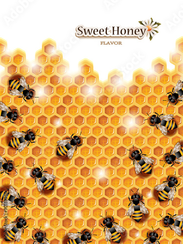 Honey Background with Bees Working on a Honeycomb