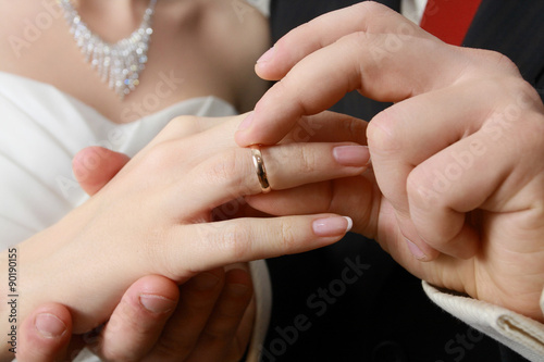 hand of groom putting a ring on finger of his bride