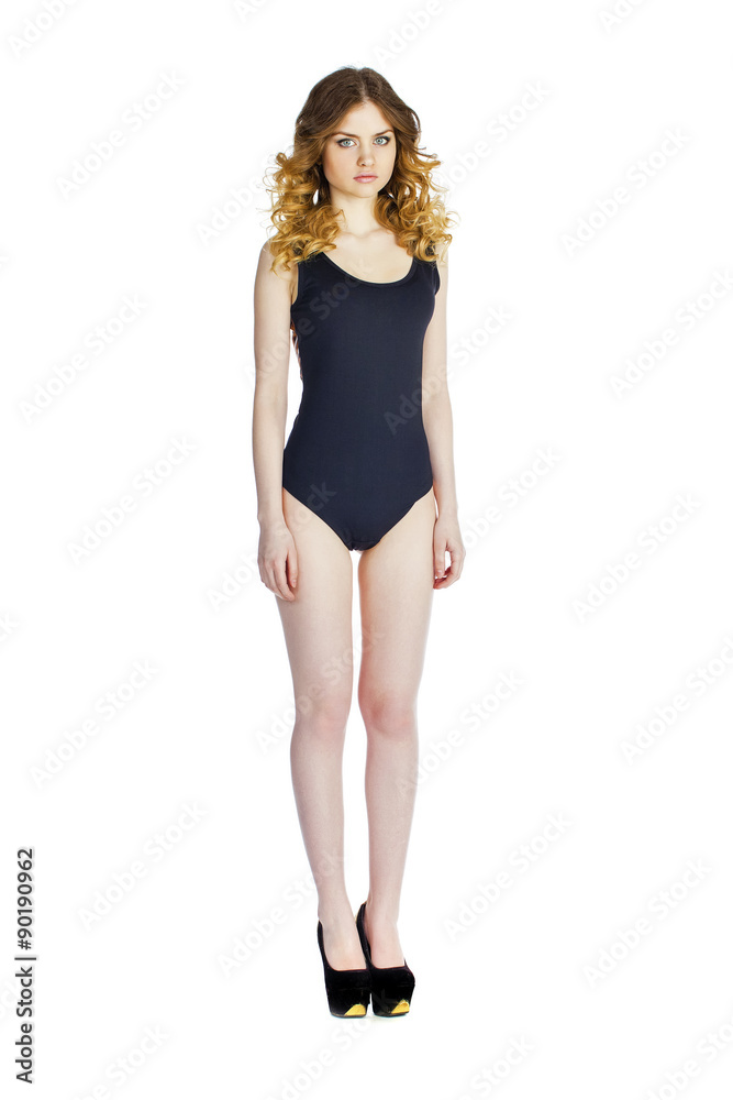 Model Tests, Young slim woman posing in black leotard Stock Photo | Adobe  Stock