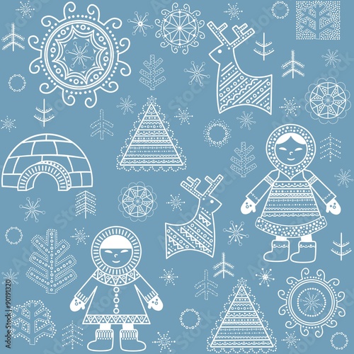 Winter abstract wallpaper with Eskimo, firs and igloo