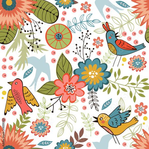 Colorful seamless pattern with birds and blooming flowers