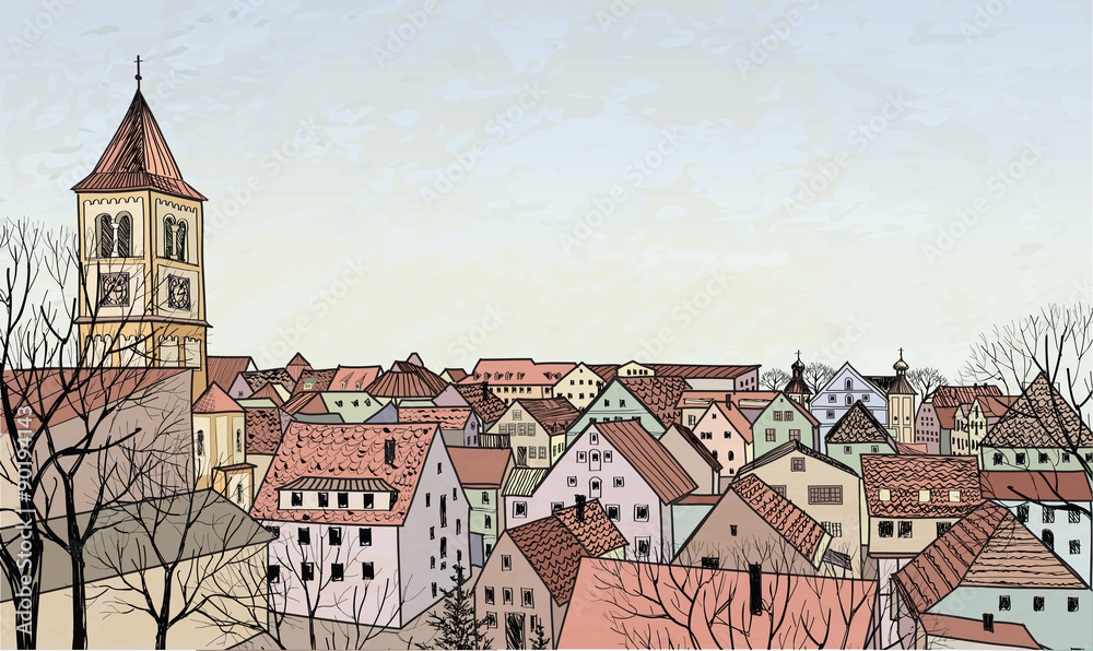 Perspective houses sketch. Pedestrian street in the old European city Burglengenfeld, Bavaria, Germany. Hand drawing background with church. Historical cityscape. 