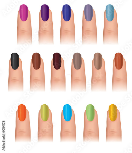 Nail polish in different fashion colors. Nail care set. Manicured finger isolated.