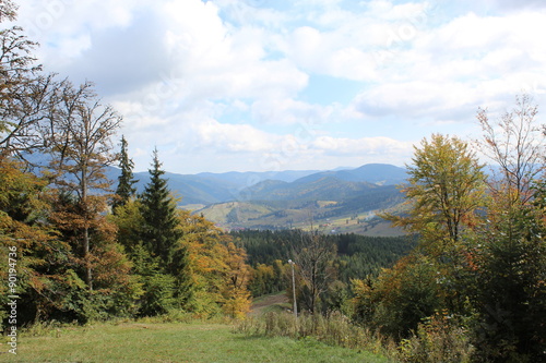 view of the picturesque mountains peaks in early autumn