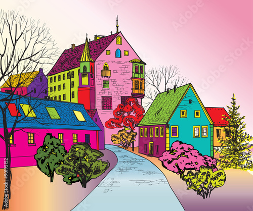 Cityscape - houses, buildings and tree on alleyway. Old city view. Medieval european castle landscape. Pencil drawn vector sketch photo