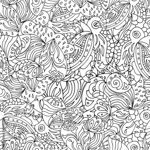 Seamless black and white pattern in a zentangle style, handmade