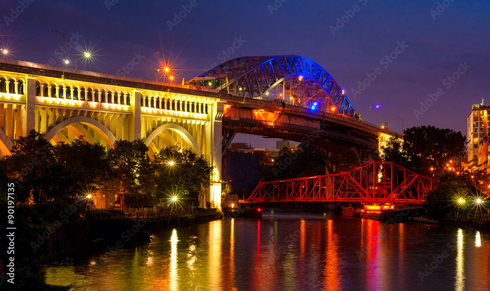 Cuyahoga River bridges in Cleveland Ohio at dusk