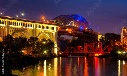 Cuyahoga River bridges in Cleveland Ohio at dusk