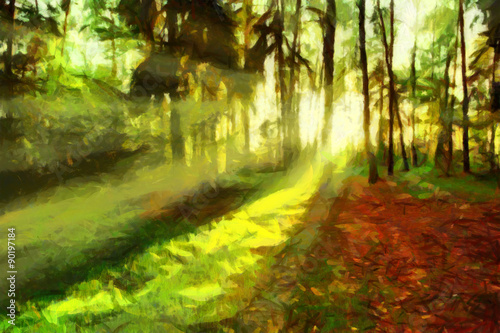 Evening sun shining through summer forest - oil painting