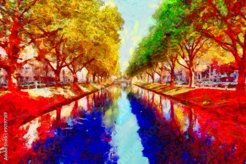 Water canal in Dusseldorf colorful psychedelic landscape oil painting