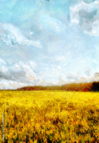 Yellow meadow and blue sky landscape - oil painting