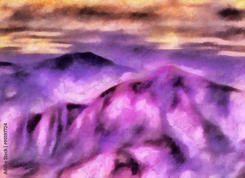 Purple morning mountains silhouette oil painting