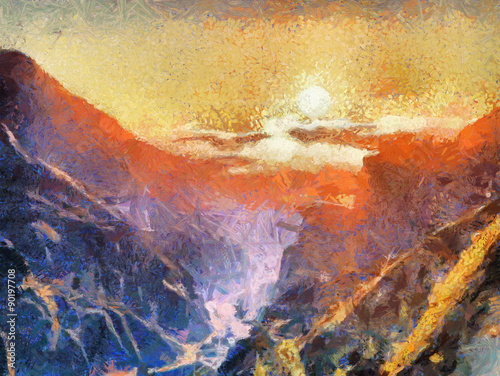 Εκτύπωση καμβά Sunrise in mountains impressionist oil painting