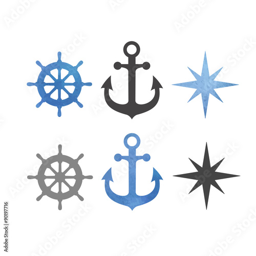 watercolor icon set with sea anchors, helm, wind rose navigator
