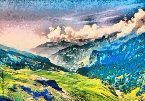 Bright green morning at Himalaya mountains oil paintings