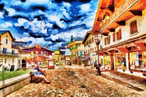 Small european town tourists square oil painting