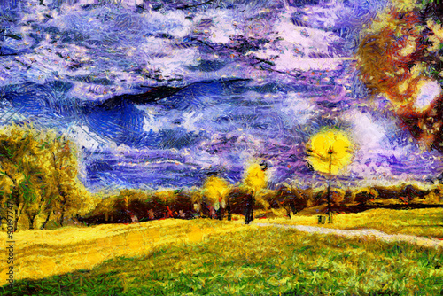 Strolling people at starry night park oil painting