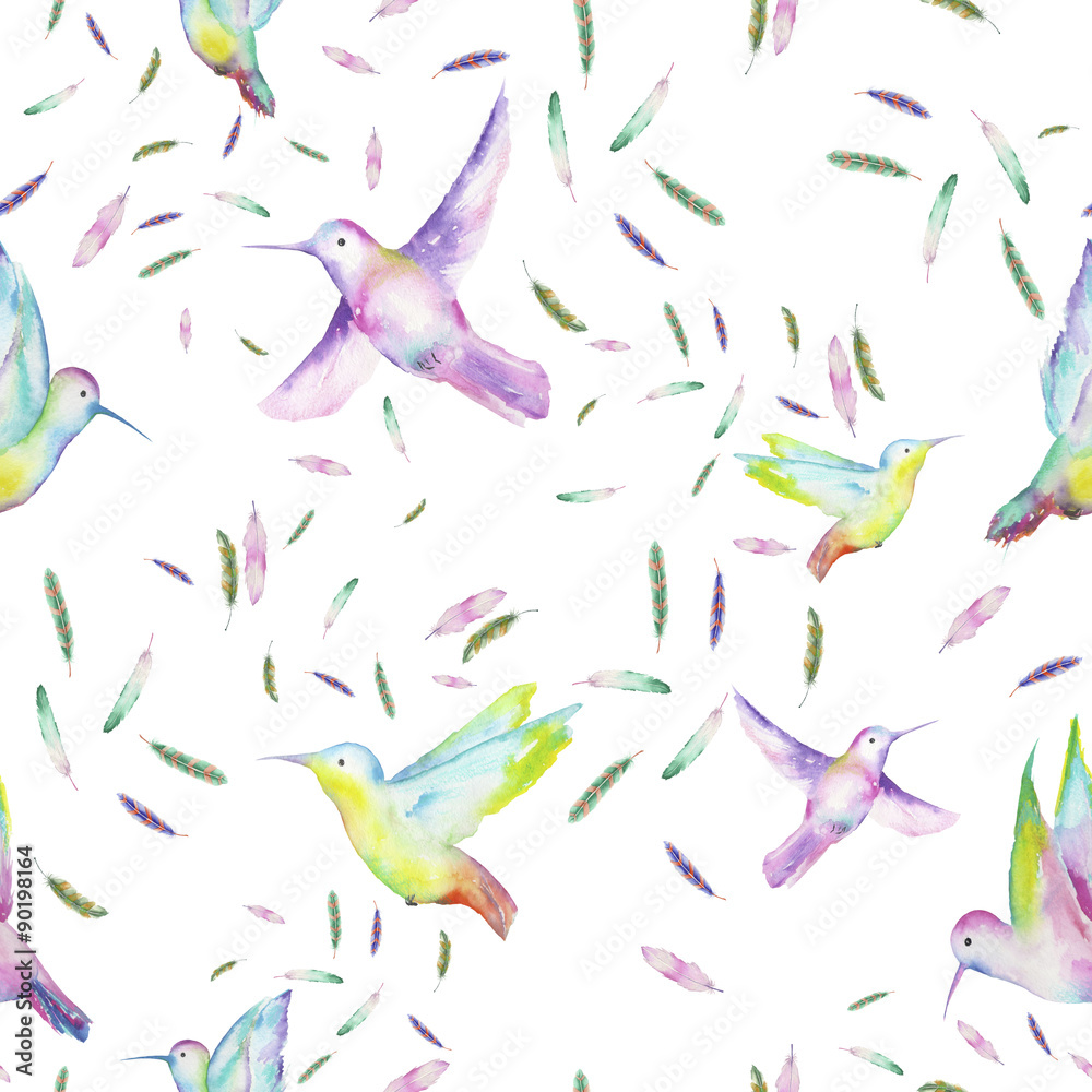 Seamless pattern of colored colibri and feathers painted with watercolors on a white background Seamless pattern of colored colibri and feathers painted with watercolors on a white background