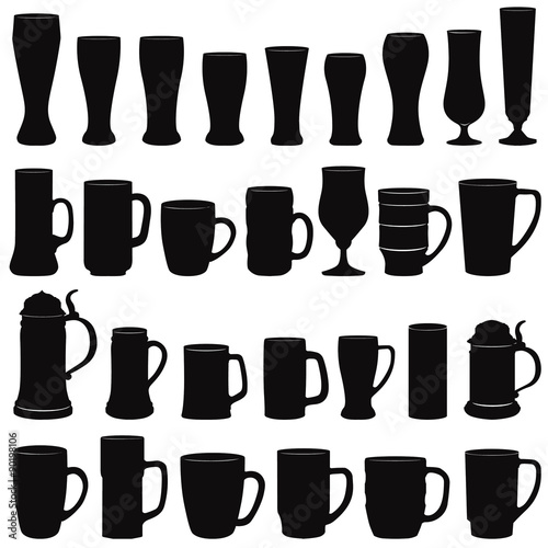 Beer glass icon set. Beer ware set. Beer Mug and Beer Glass silhouette collection.