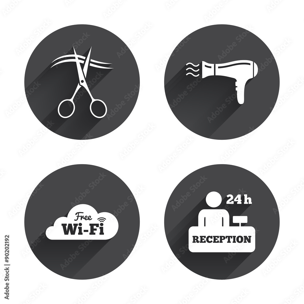 Hotel services icon. Wi-fi, Hairdryer. Hotel services icon. Wi-fi, Hairdryer.