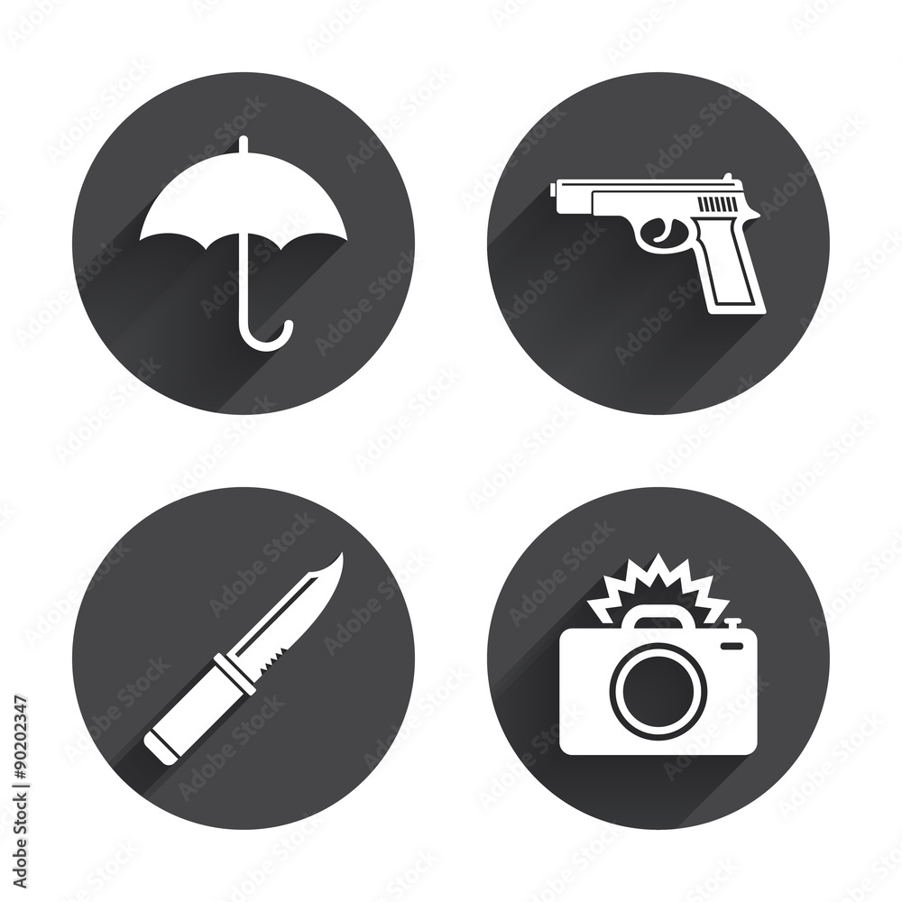Gun weapon. Knife, umbrella and photo camera. Gun weapon. Knife, umbrella and photo camera.