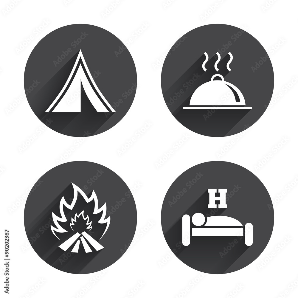 Hot food, sleep, camping tent and fire signs.