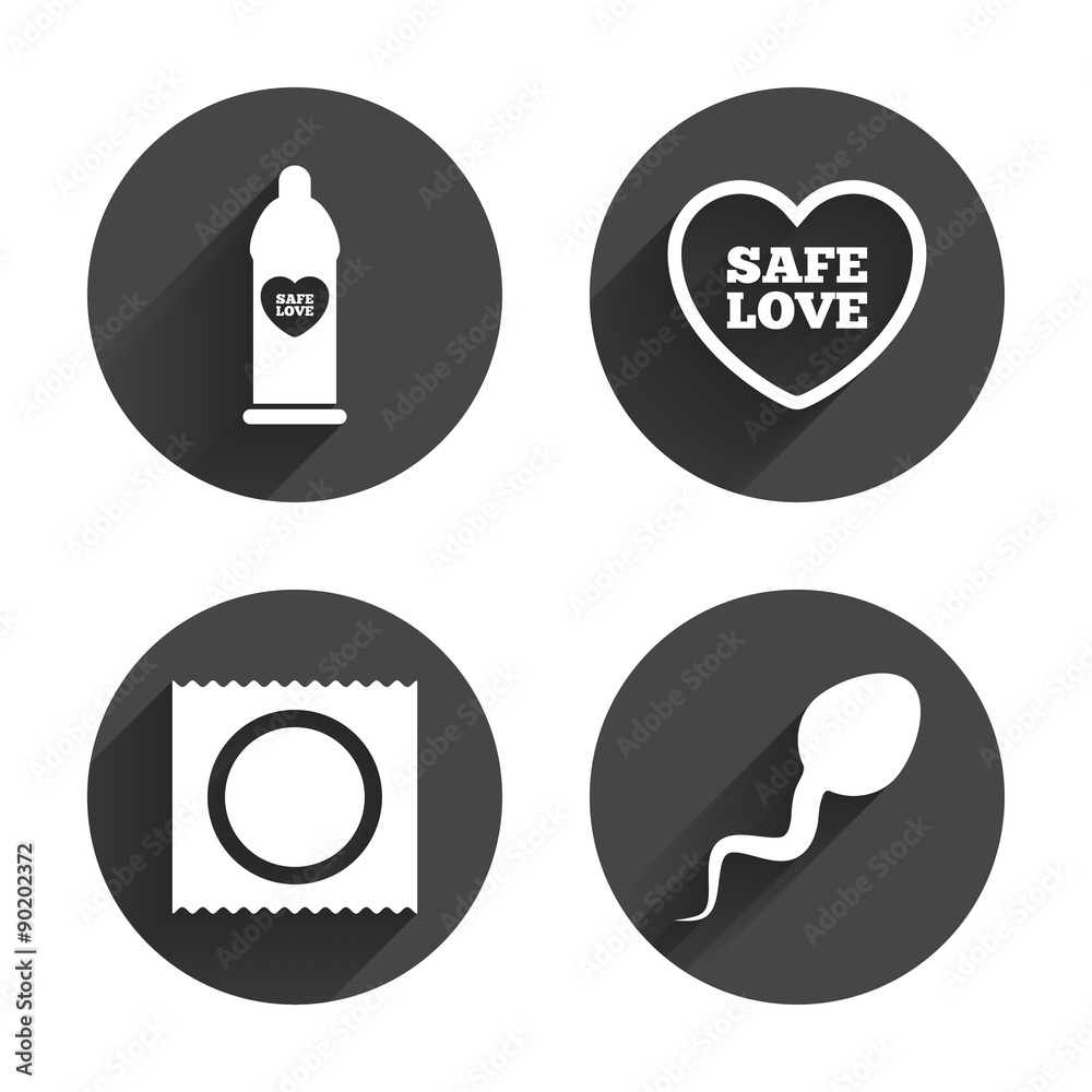 Safe sex love icons. Condom in package symbols. Safe sex love icons. Condom in package symbols.