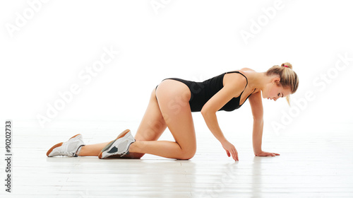 Fitness healthy women erelaxing in studio isolated