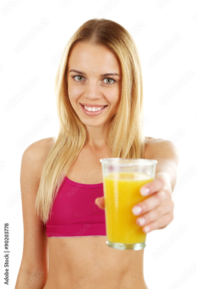 Young beautiful woman with glass of fresh orange juice, isolated on white Young beautiful woman with glass of fresh orange juice, isolated on white