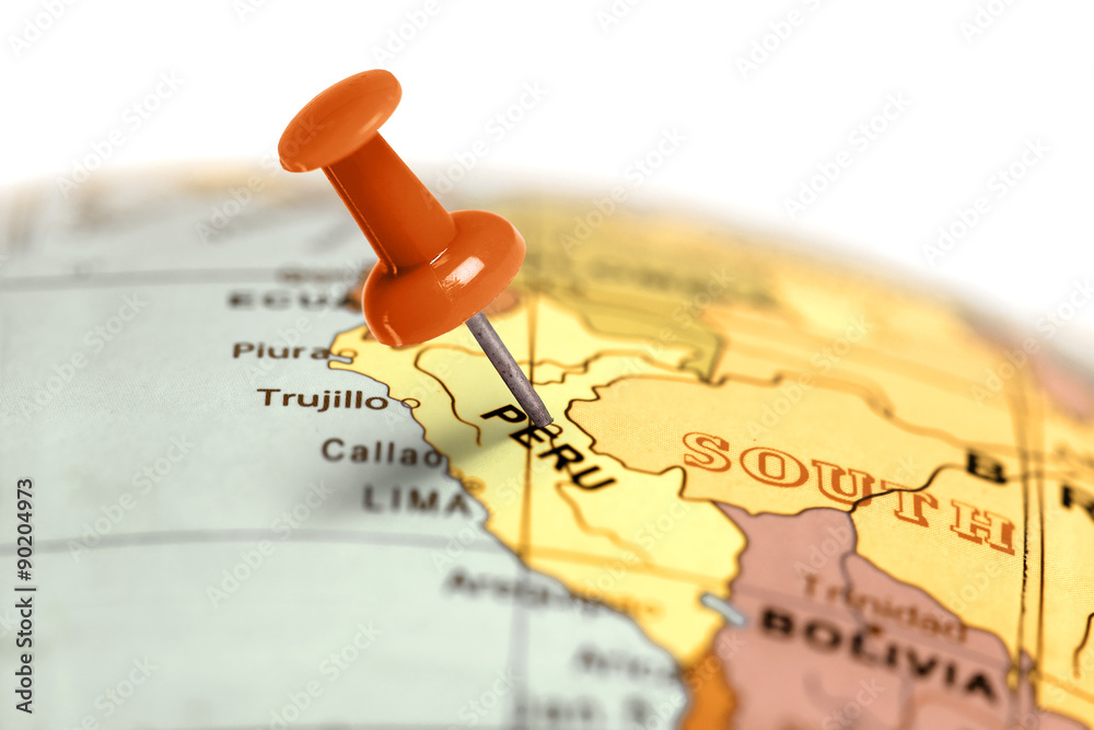 Location Peru. Red pin on the map. - obrazy, fototapety, plakaty 