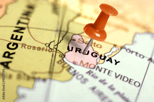 Location Uruguay. Red pin on the map. photo