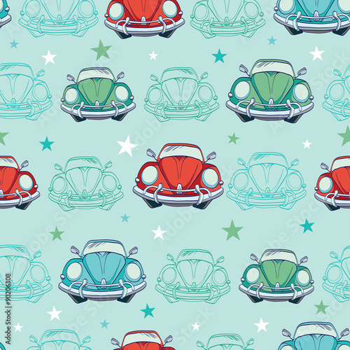 Vector Colorful Vintage Cars Seamless Pattern. Funny Headlights