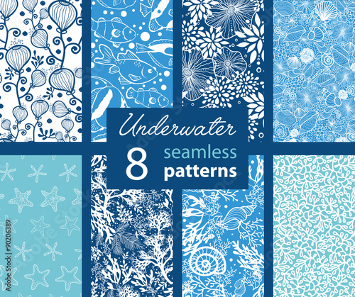 Vector Underwater Life Eight Set Seamless Pattern. California