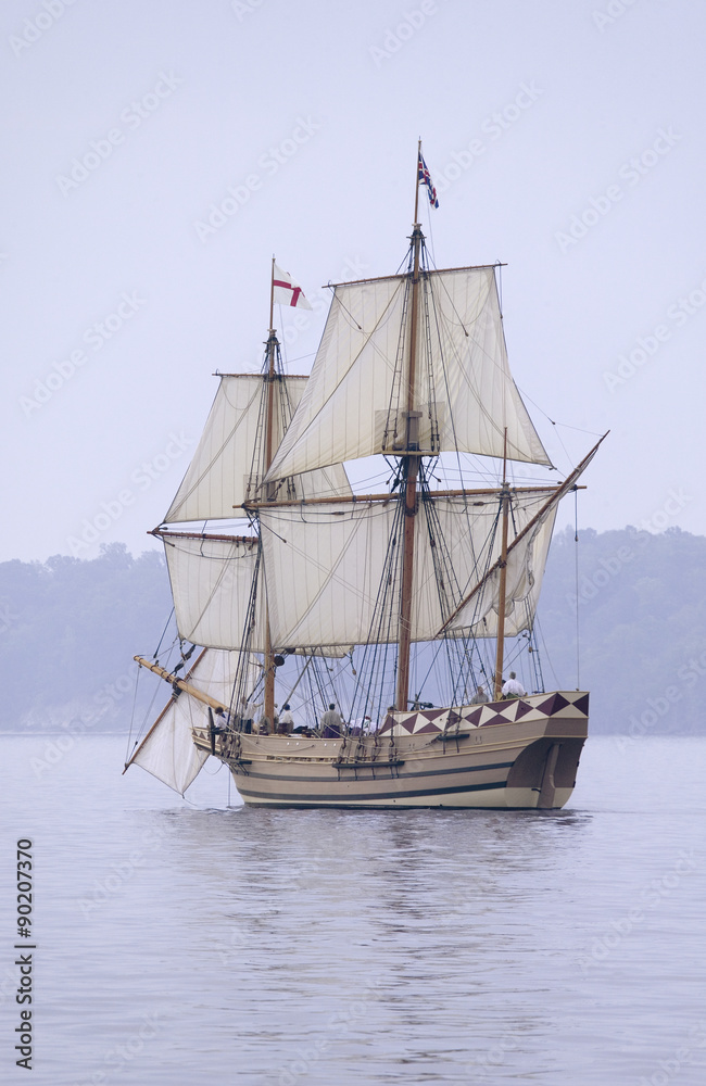 The Susan Constant, Godspeed and Discovery, re-creations of the three ships that brought English colonists to Virginia in 1607, flying the English and Union Jack flags and sailing down the James River on May 12, 2007, as part of the 400th Anniversary program of the founding of Jamestown, Virginia