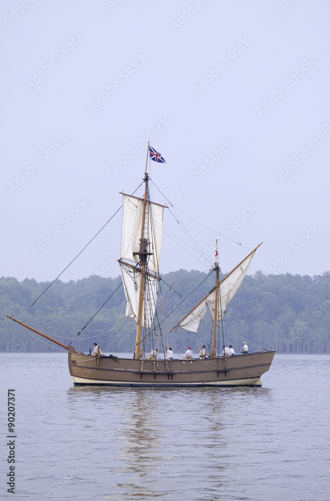 The Susan Constant, Godspeed and Discovery, re-creations of the three ships that brought English colonists to Virginia in 1607, flying the English and Union Jack flags and sailing down the James River on May 12, 2007, as part of the 400th Anniversary program of the founding of Jamestown, Virginia